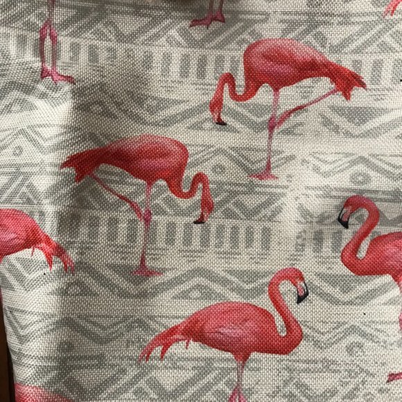 NWOT Pink Flamingos on Pearl and Gray Tote Bag w/Thick Rope Double Handles - Picture 3 of 10